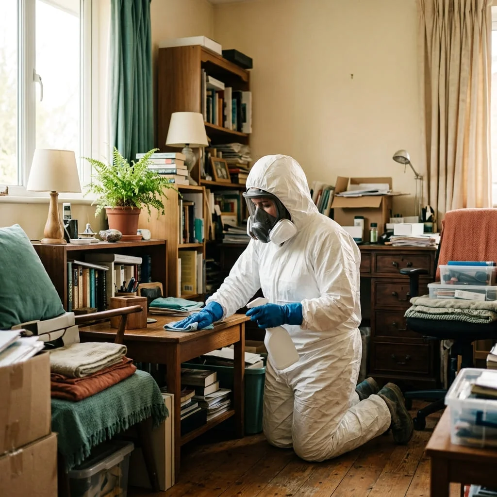 A technician in protective gear cleaning a home affected by animal hoarding