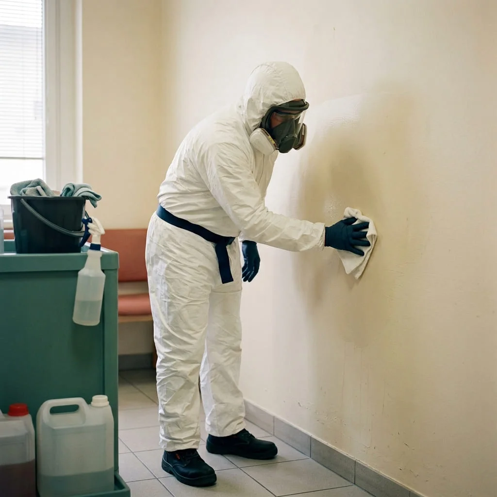 A technician in protective gear decontaminating a surface after a crime
