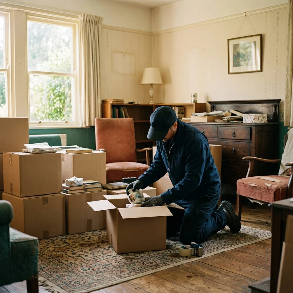 A technician carefully sorting and boxing belongings during an estate cleanout