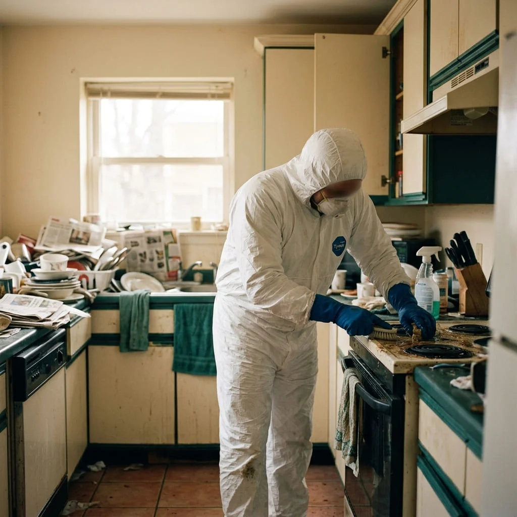A technician in protective gear deep-cleaning a severely neglected home