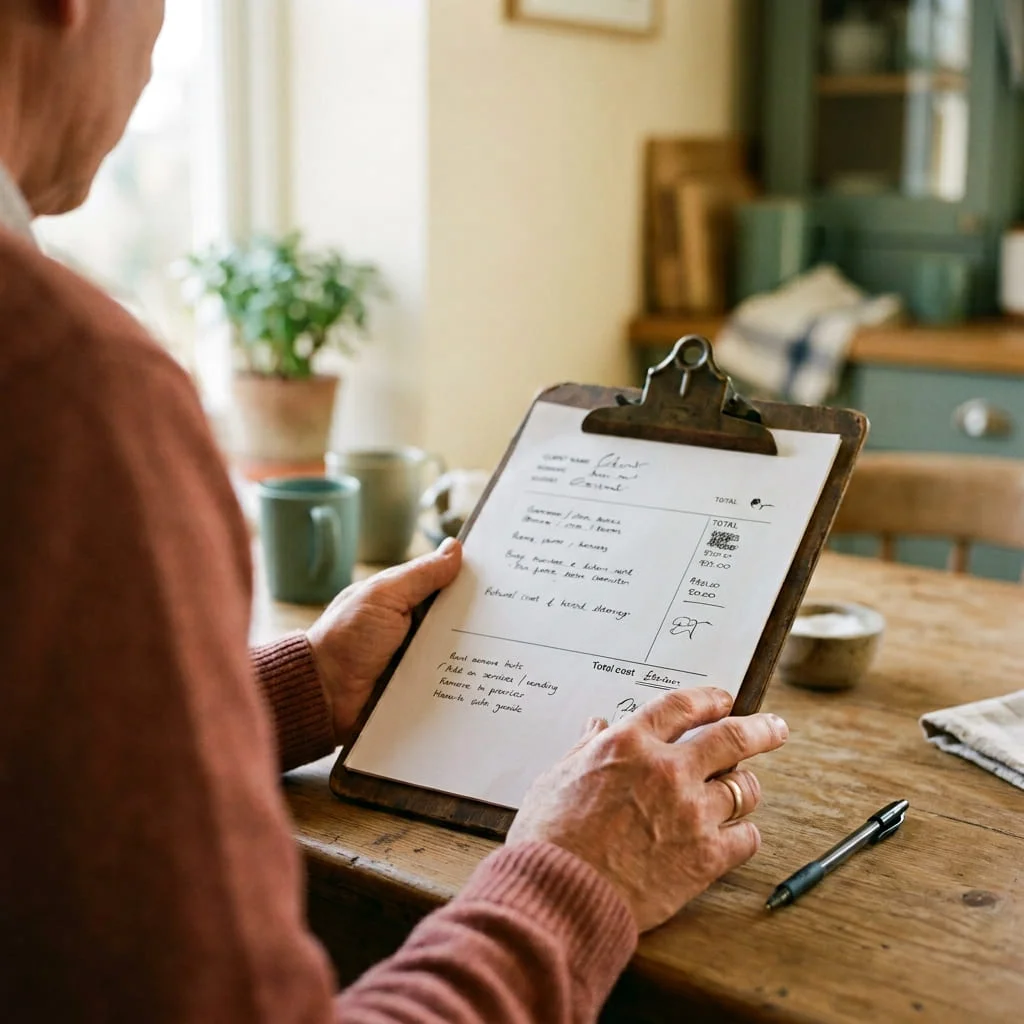 Reviewing a written cleanup estimate at a kitchen table