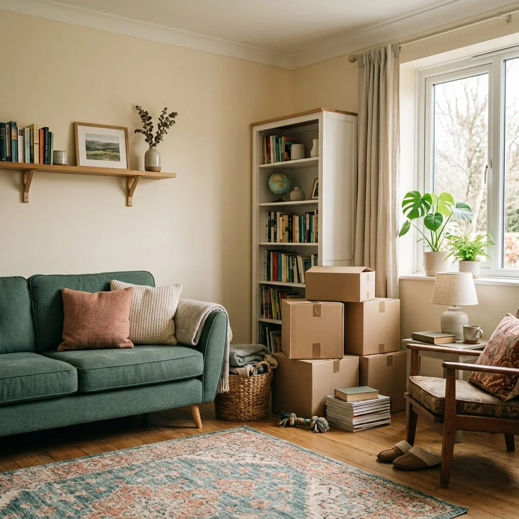 A calm, restored living room in a Cedar area home after a cleanup