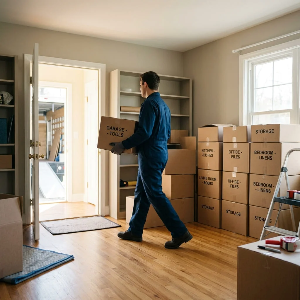 A hoarded room being carefully cleared and cleaned