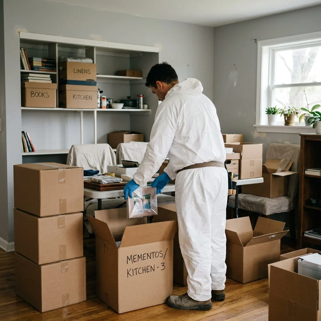 A hoarded room being carefully cleared and cleaned