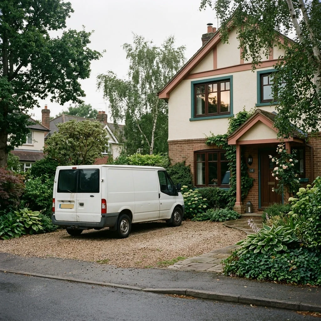 A discreet, unmarked vehicle arriving at a quiet home